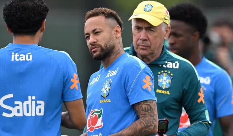 Ancelotti anuncia que irá relacionar Neymar para Brasil x Escócia: “Está disponível, treinou muito bem”