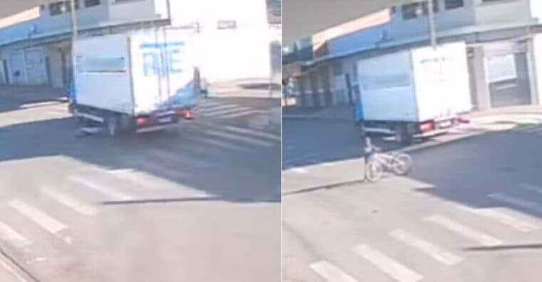 VÍDEO: criança escapa por pouco de ser atropelada por caminhão, no Paraná