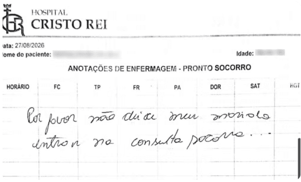Mulher usa prontuário de hospital do Paraná para escrever pedido de socorro e denunciar marido: ‘Não deixe entrar’