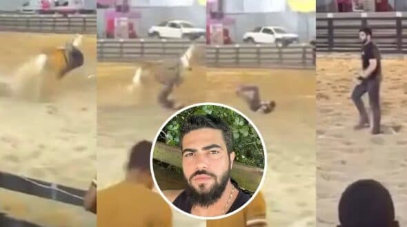Sertanejo Henrique, dupla de Juliano, cai de cavalo durante competição de vaquejada